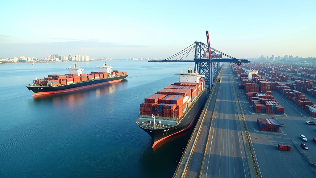 Modernes Hafenterminal mit Containerschiffen und Logistikgebäuden, Vogelperspektive, helles Tageslicht