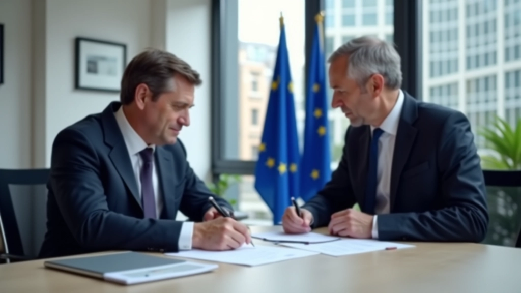 Geschäftsmenschen im modernen Büro unterzeichnen Verträge, im Hintergrund sichtbare europäische Flaggen und Weltkarte