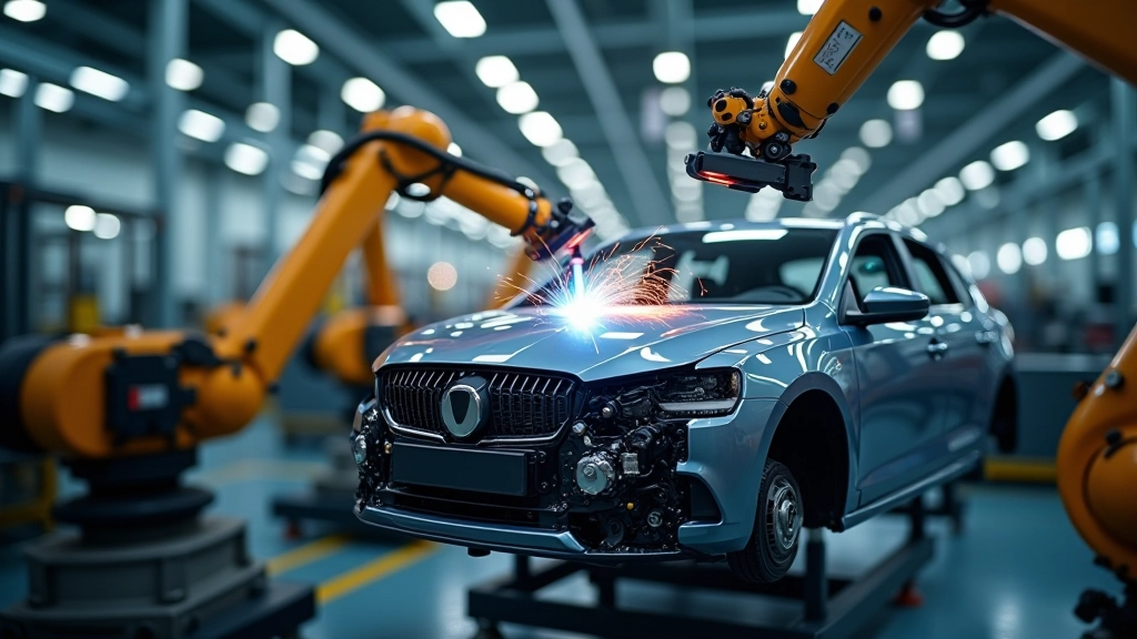 Automontage zeigt Fließband mit Karosserien und Roboterarmen in modernem Werk