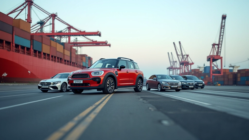 Containerhafen mit Autos und Frachtschiffen, zeigt Export deutscher Fahrzeuge