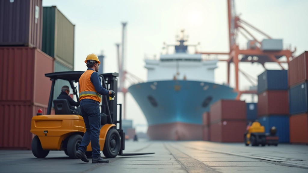 Containerhafen mit Frachtschiff und Gabelstaplern, arbeiter laden Waren ab, moderne Logistik-Infrastruktur