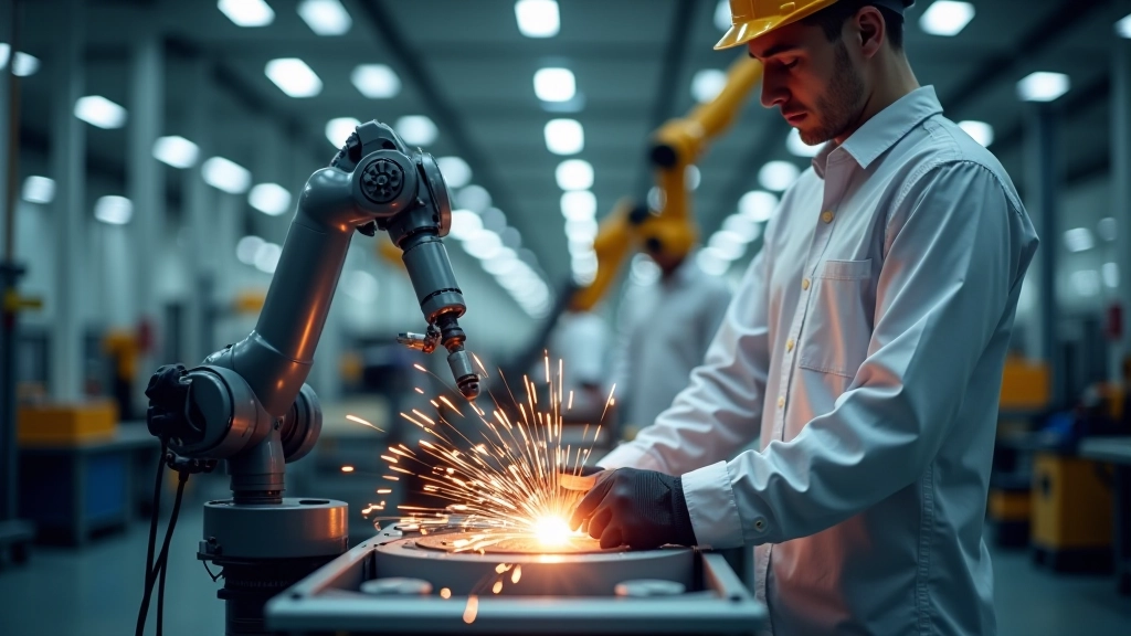 Deutsches Automobilwerk mit Robotern in der Produktion, Fertigungslinie mit Fahrzeugen in Herstellung