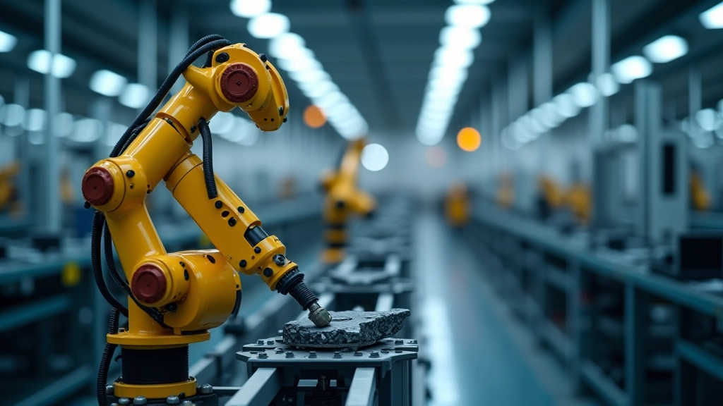 Roboterarm in Autofabrik montiert Autoteile, zeigt moderne Fertigungstechnik