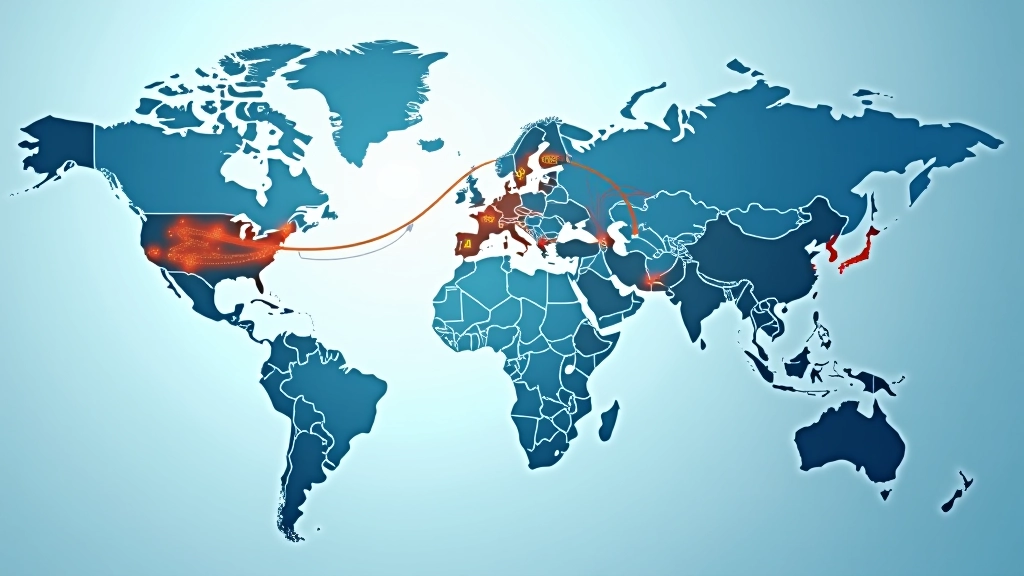 Landkarte mit farbigen Verbindungslinien zwischen verschiedenen Ländern, zeigt globale Abhängigkeiten und Handelsbeziehungen