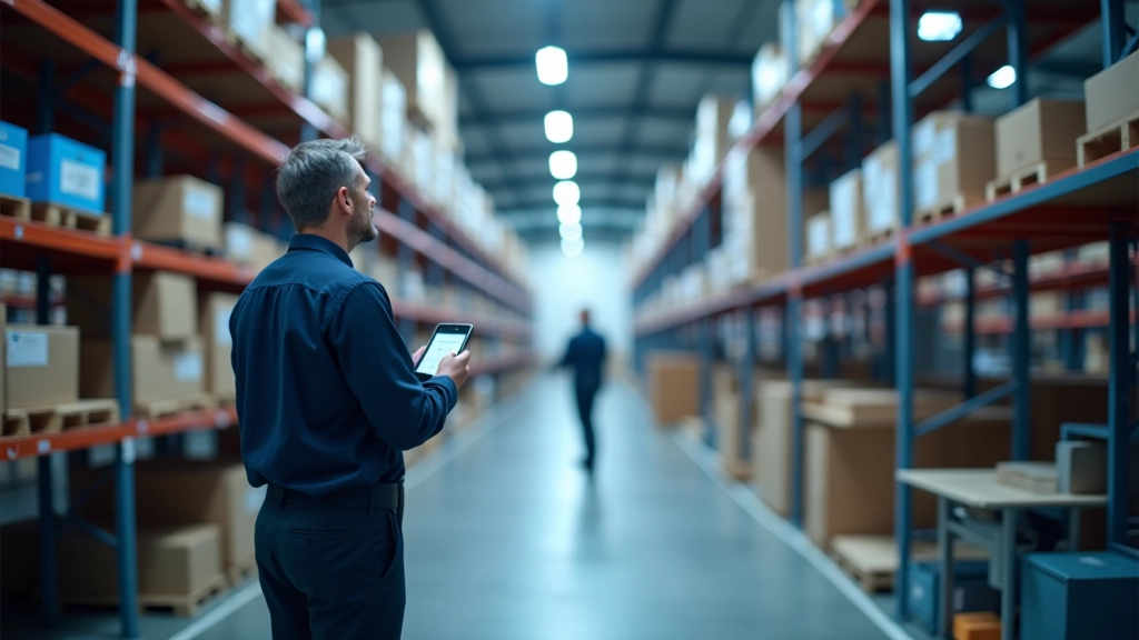 Modernes Lagerhaus oder Logistikzentrum mit automatisierten Systemen, Robotern und modernem Inventarmanagement