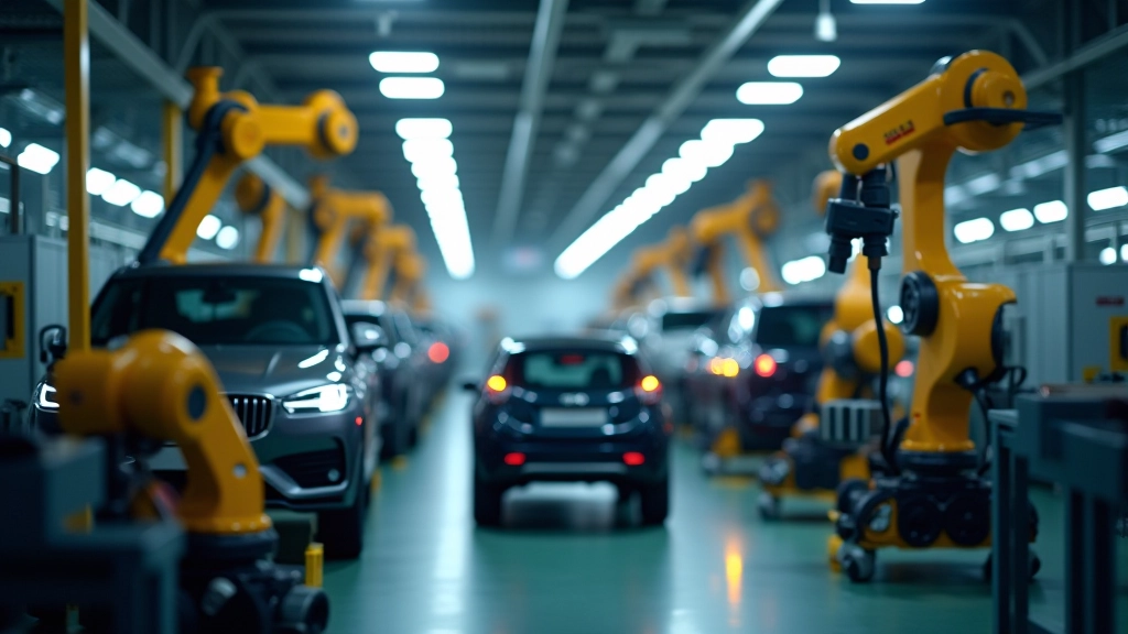 Moderne Autofabrik mit Montagelinien und technischen Anlagen in Hochleistungsbetrieb