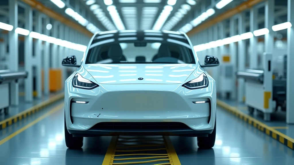 Futuristisches Elektroauto in moderner Fabrik mit grüner Energie und nachhaltiger Produktion