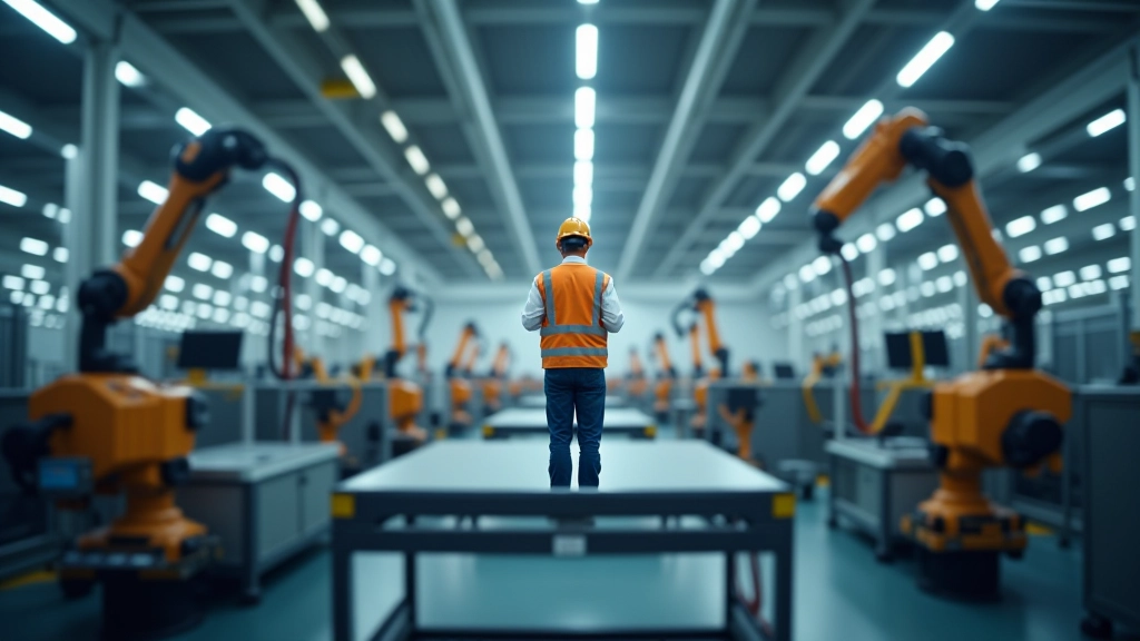 Industrieller Produktionsprozess in einer modernen Fabrik mit Robotern und Fließbändern, zeigt Montage und Fertigung