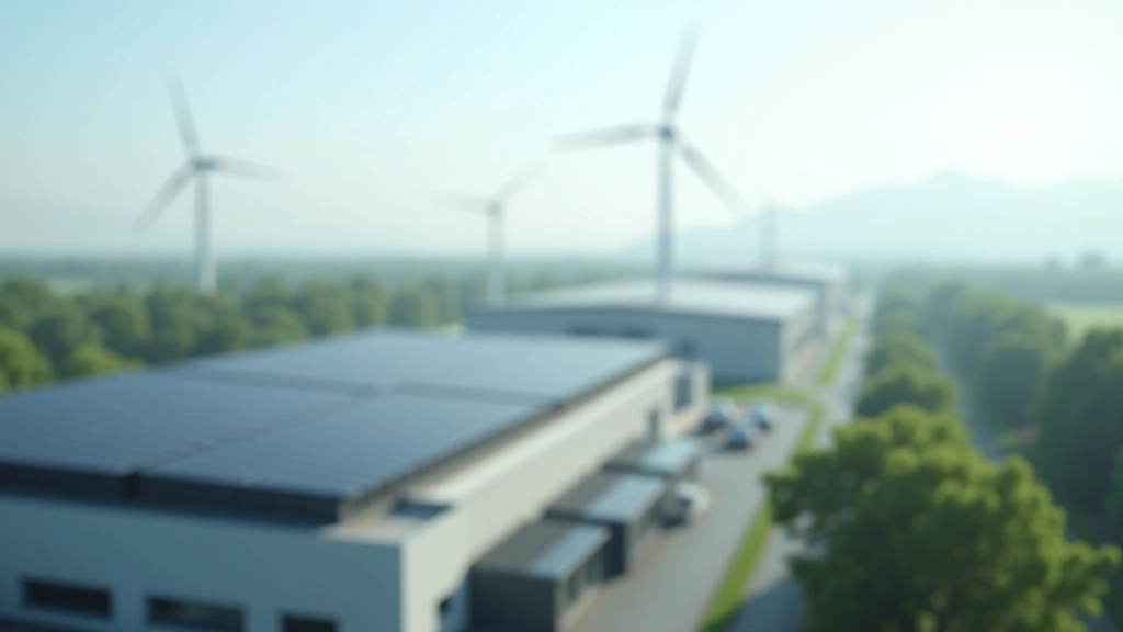 Moderne nachhaltige Fabrik mit Solarpaneln, Windkraftanlagen im Hintergrund, grüne Industrieproduktion